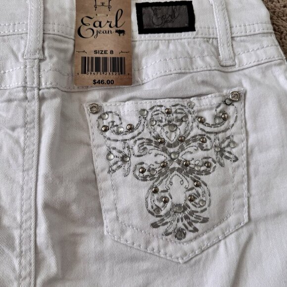 Earl Jean White Denim Mini Skirt Size 8 New Gems On Pockets Embroidered Pockets - Picture 5 of 5